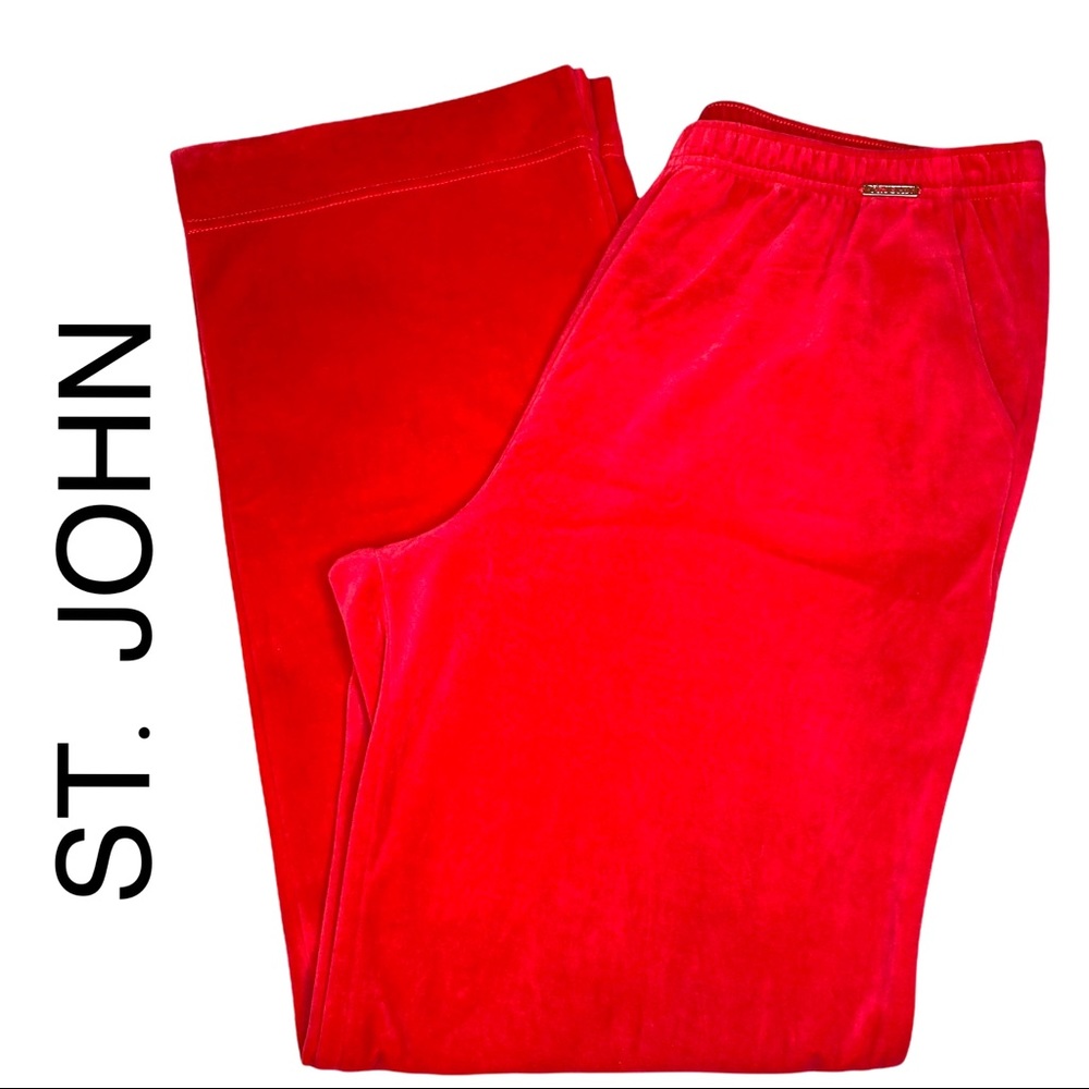 ST. JOHN SPORT RED VELOUR STRAIGHT LEG TRACK PANTS ELASTICIZED WAIST SIZE LARGE